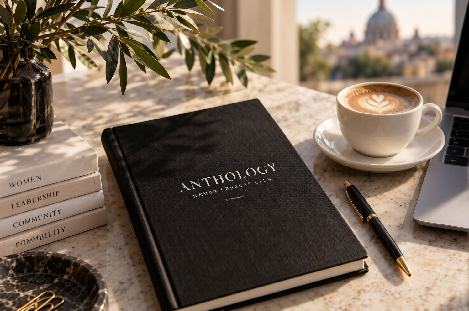 The Anthology book, desk flatlay with coffee