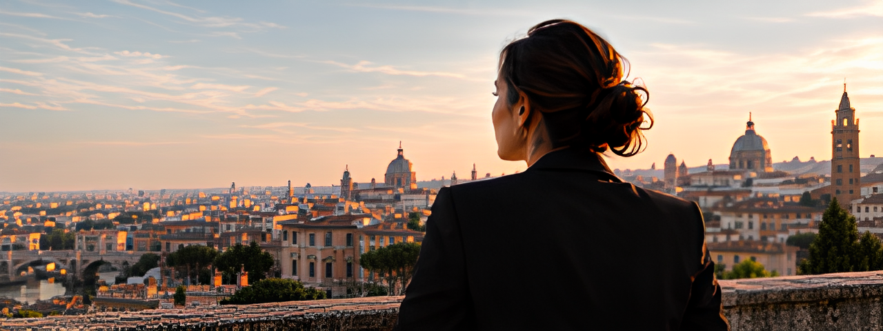 A woman overlooking a city at golden hour